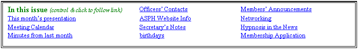 Text Box: In this issue (control & click to follow link)	Officers’ Contacts
Members’ Announcements
This month’s presentation
ASPH Website Info
Networking 
Meeting Calendar
Secretary’s Notes
Hypnosis in the News
Minutes from last month
birthdays
Membership Application

