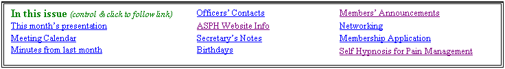 Text Box: In this issue (control & click to follow link)	Officers� Contacts
Members� Announcements
This month�s presentation
ASPH Website Info
Networking 
Meeting Calendar
Secretary�s Notes
Membership Application
Minutes from last month
Birthdays
Self Hypnosis for Pain Management


