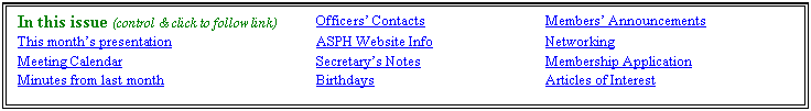 Text Box: In this issue (control & click to follow link)	Officers’ Contacts
Members’ Announcements
This month’s presentation
ASPH Website Info
Networking 
Meeting Calendar
Secretary’s Notes
Membership Application
Minutes from last month
Birthdays
Articles of Interest

